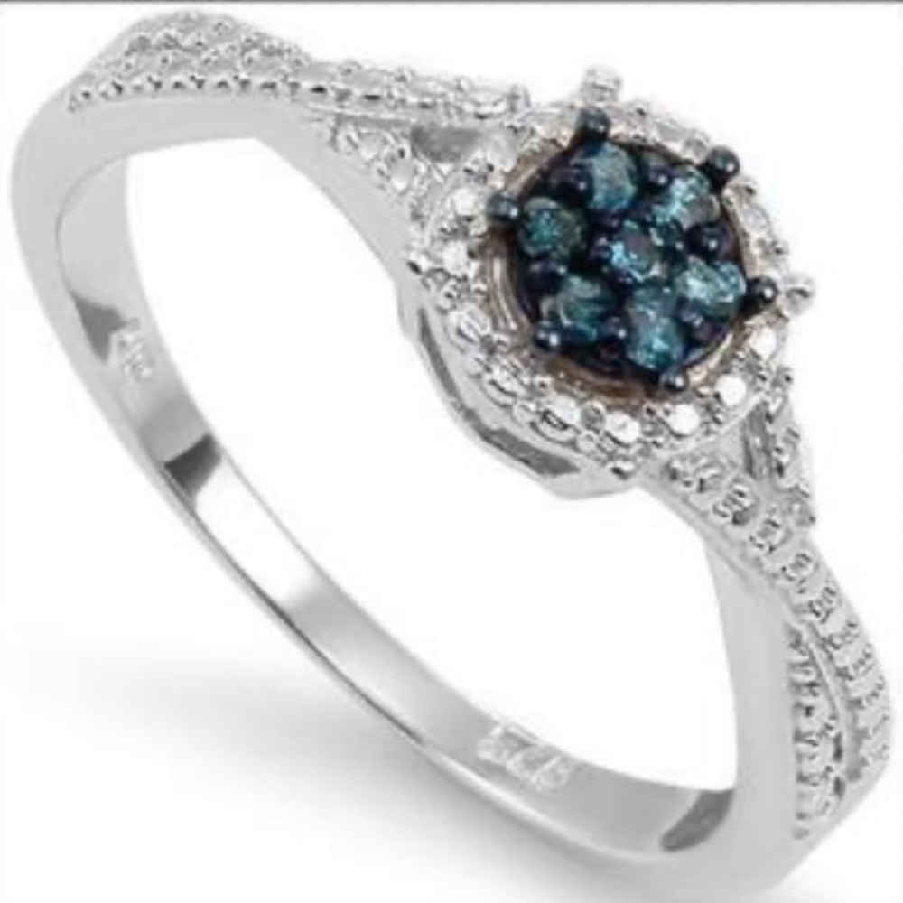 0.15 CTW Blue and White Diamonds•14K White Gold Over 925 Sterling Silver•Ring